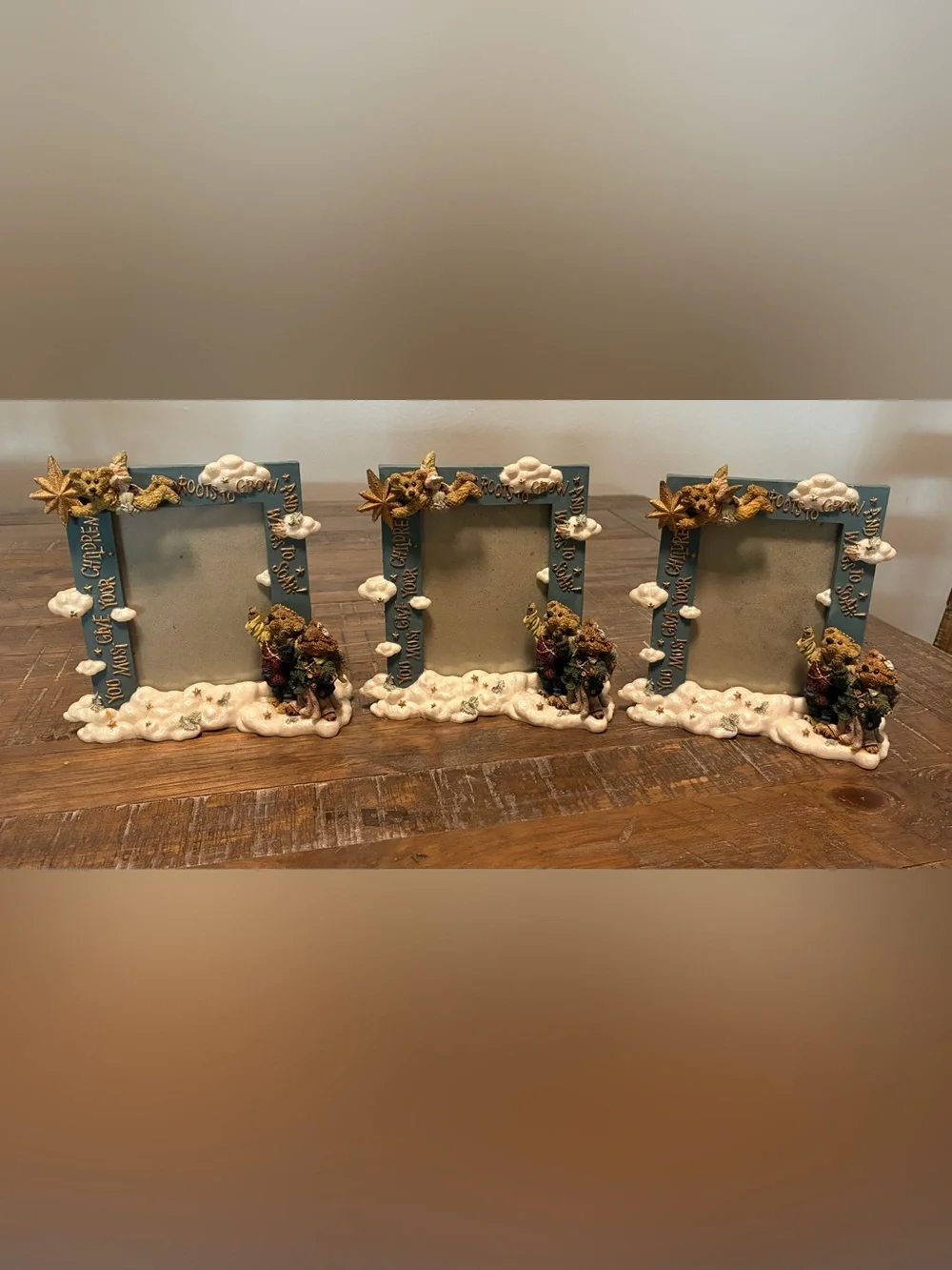 3 Blue Teddy Bear Picture Frames with Gold Accents